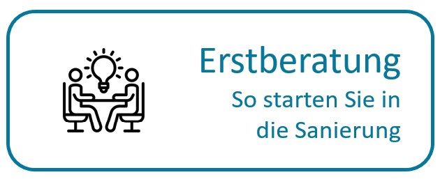 Erstberatung für den Start in die Sanierung mit Symbolen von Personen und einer Glühbirne.